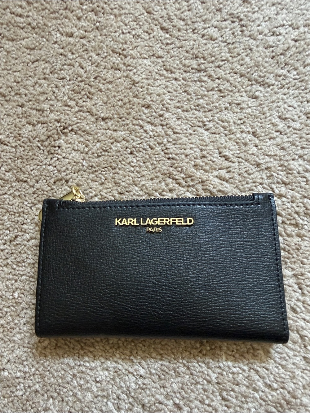 Karl Lagerfeld Black Leather Zip Card Case with Gold Logo